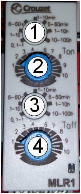 Blue wheel Crouzet relay timer with numbered position markers